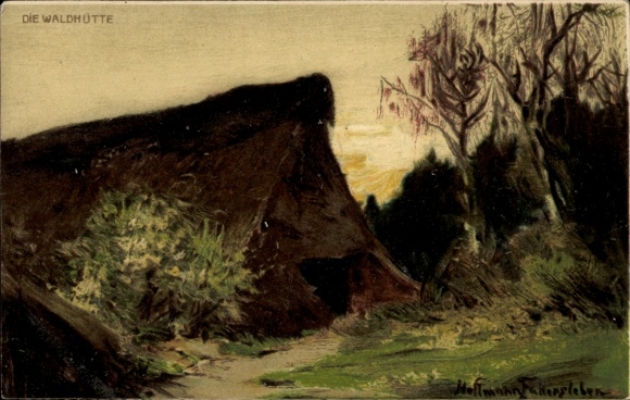 Artist Postcard Hoffmann, The Forest Hut in the Evening, Jogo Chocolate, Advertising