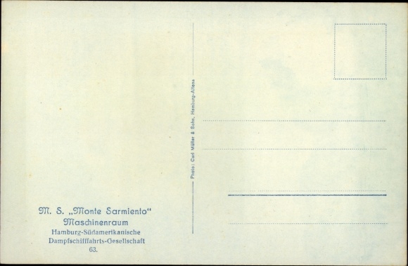 Postcard steamship Monte Sarmiento, engine room, interior view, HSDG