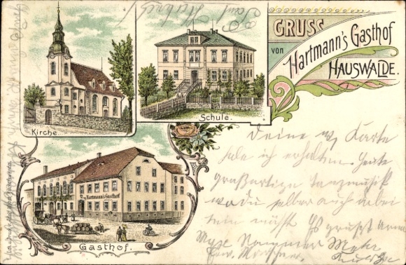 Chromo-Litho Bretnig Hauswalde Großröhrsdorf in Saxony, church, school, inn