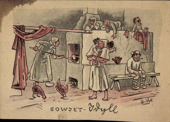 Künstler Ak Kreißig, H., Sowjet Idyll, Familienleben, Kinder, Ofen, Bäckerin, Hühner