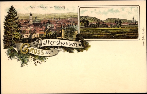 Litho Waltershausen im Thüringer Becken, Blick vom Tenneberg, Panorama vom Ort, Glückwunsch Neujahr