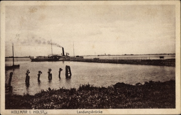 Ak Kollmar in Sleeswijk-Holstein, zicht op de steiger, riviergedeelte, schip