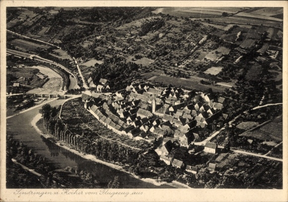 Postcard Sindringen Forchtenberg in Hohenlohekreis, Kocher, aerial photograph