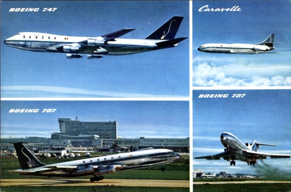 Postcard Belgian passenger aircraft, Boeing 747, Boeing 727, Boeing 707, Caravelle, Sabena Airlines