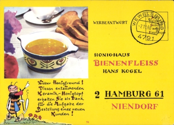 Ak Werbung, Honighaus Bienenfleiß Hans Kogel, Hamburg, Essen