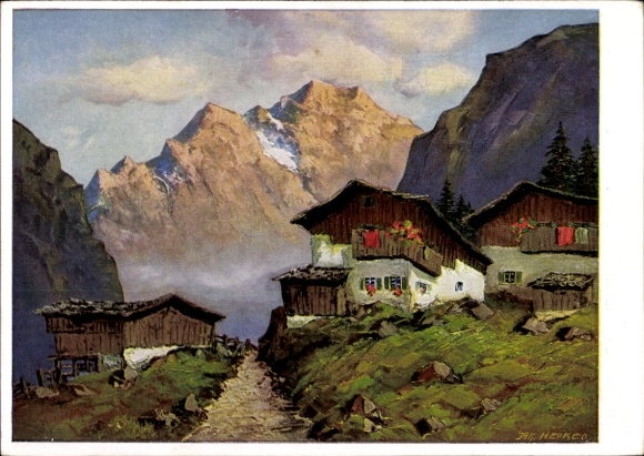Künstler Ak Hecker, J., Wohnhäuser, Berge, Berglandschaft, Dorfidyll