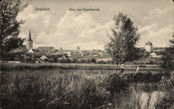 Postcard Sesslach in Oberfanken, view from Rodachgrunde to the city, church