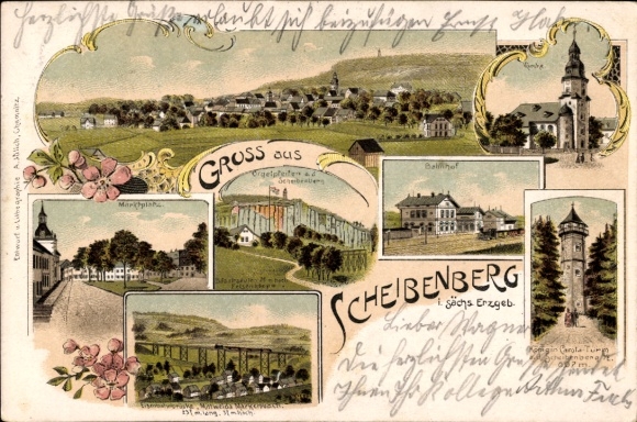 Litho Scheibenberg im Erzgebirge, Orgelpfeifen, Marktplatz, Kirche, Brücke, Carola Turm