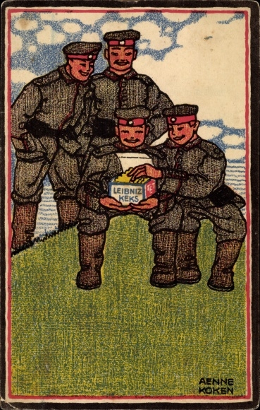 Artist PC Koken, Aenne, advertisement, Leibniz biscuit, soldiers, Bahlsens biscuit factory Hanover
