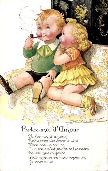 Artist Postcard Mauzan, Parlez moi d'Amour, boy smoking pipe, girl