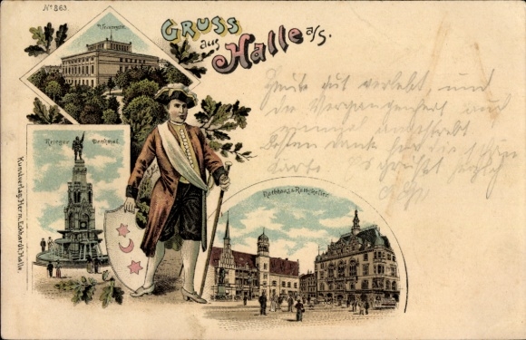 Litho Halle an der Saale, Kriegerdenkmal, Rathaus, Ratskeller