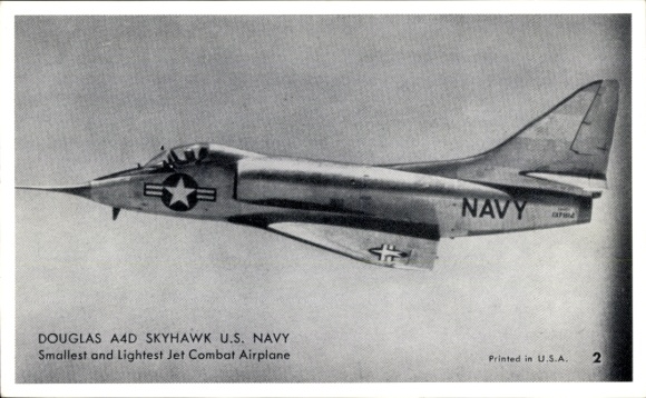 Postcard Douglas A4D Skyhawk US Navy, smallest and lightest jet fighter aircraft