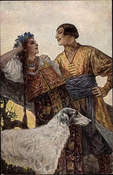 Künstler Ak Solomko, S., Aug in Aug, Mann, Frau, Windhund