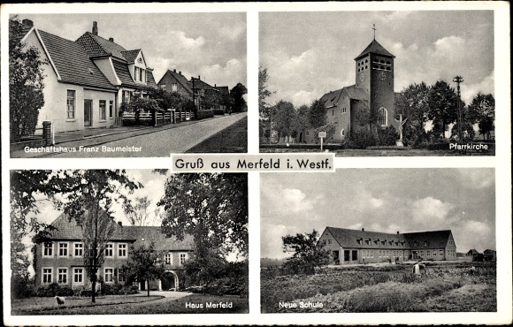 KP Merfeld Dülmen w Nadrenii Północnej-Westfalii, budynek handlowy Baumeister, kościół parafialny