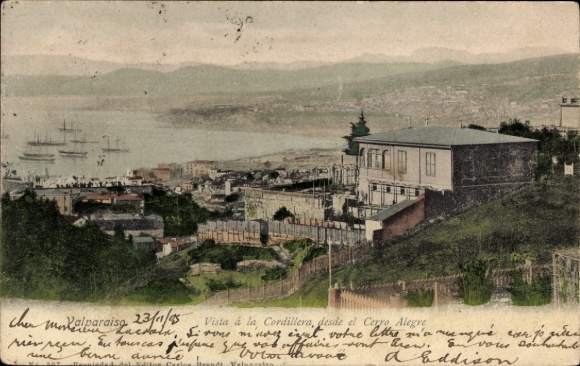Postcard Valparaíso Chile, view of the Cordillera, Cerro Alegre, ships in the harbor, colored