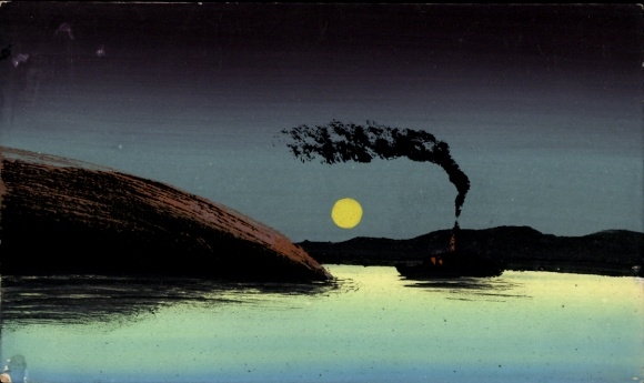 Hand-painted ak panorama, lake at night, steamer