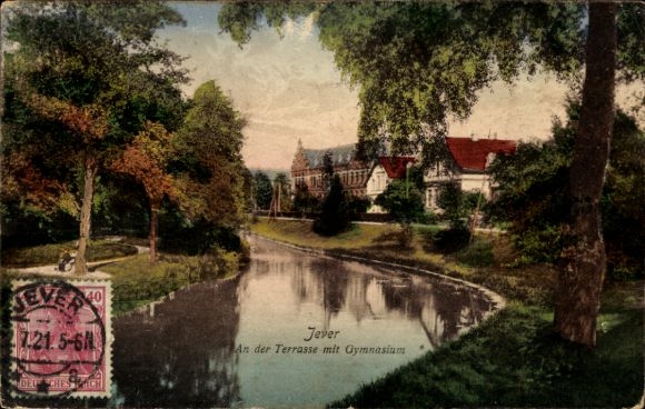 Postcard Jever in Oldenburg Friesland, on the terrace with the high school