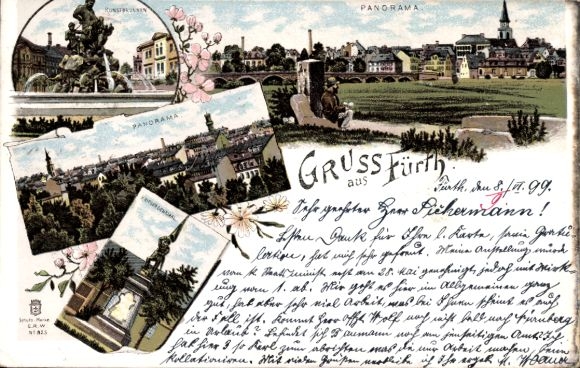 Litho Fürth in Mittelfranken Bayern, Panorama, Kriegerdenkmal