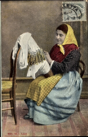 Postcard Malta, Lace, Maltese woman making lace, traditional costume