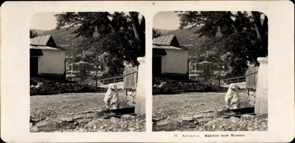 Stereo photo Sarajevo Bosnia Herzegovina, around 1905, girl at the fountain