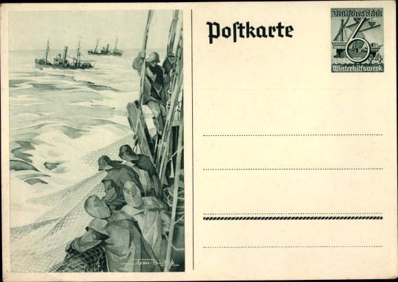 Postwaardestuk ansichtkaart Axster Heudtlass, vissers op volle zee, vissersboten