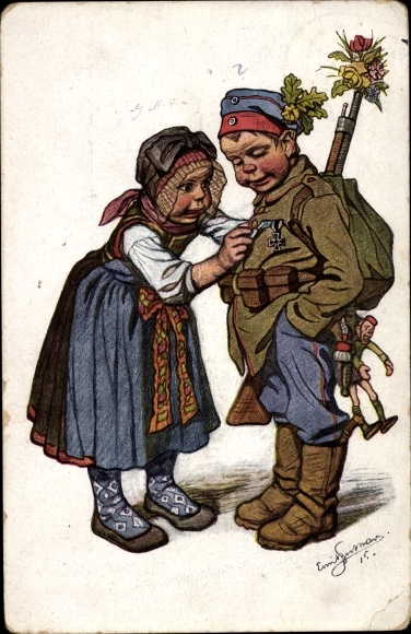Artist PC Beithan, Emil, woman considers medals from a soldier, Hessian costume