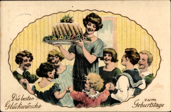 Postcard congratulations birthday, woman comes with cake, dancing children