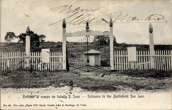 Postcard Santiago de Cuba Cuba, entrance to the San Juan battlefield, fence, gate, landscape