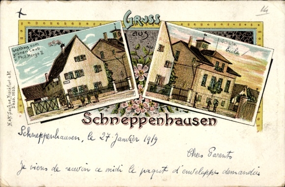 Chromo-Litho Schneppenhausen Weiterstadt in Hesse, Inn to the Green Leaves, owner Phil. Herge II, School