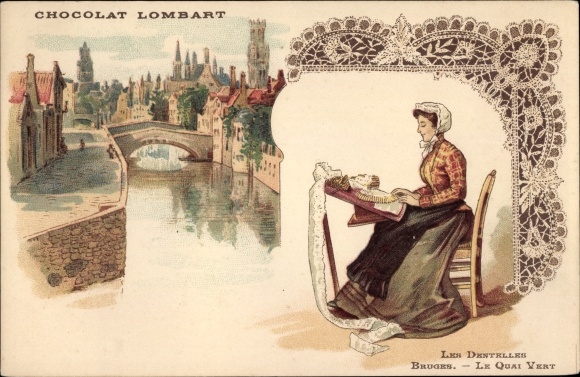 Chromo-Litho Bruges Bruges Flanders West Flanders, Les Dentelles, Le Quai Vert, Chocolat Lombart
