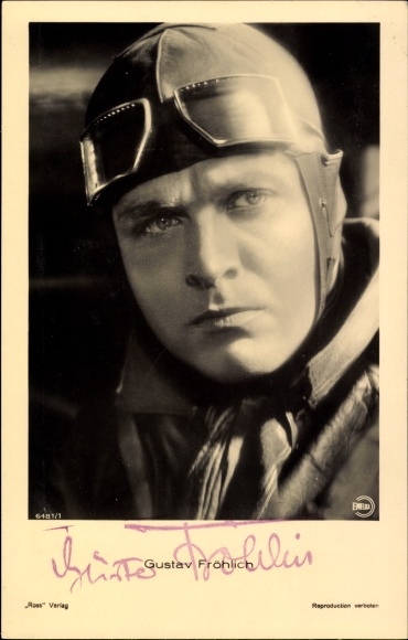 Postcard actor Gustav Fröhlich, portrait, aviator cap, autograph