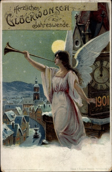 Briefpapier ansichtkaart Happy New Year, jaar 1901, engel blaast de fanfare