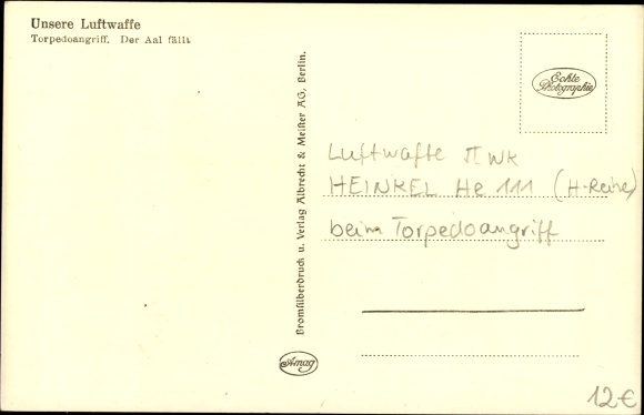 Postcard Heinkel He 111 H dropping the torpedo, the eel falls, Luftwaffe, II. WW