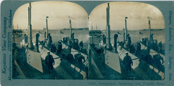 Stereofoto San Diego Bay California USA, onderzeeërs, slagschepen, torpedoboten, I WW