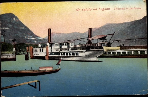 KP Lugano Kt. Ticino Szwajcaria, Piroscafi w Partenza, parowiec Saloon Gottardo