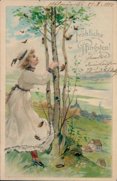 Glitter Chromo-Litho Congratulations Pentecost, girl, birch, cockchafer