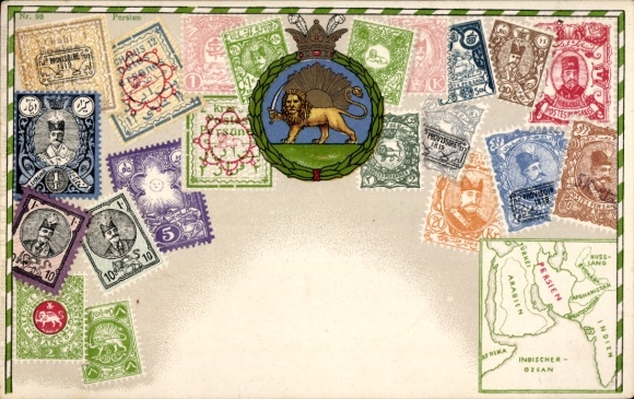 Stamps Chromo-Litho Persia, Coat of Arms, India, Arabia