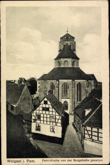 Ak Wolgast in Mecklenburg Vorpommern, Petri-Kirche von der Burgstraße aus gesehen