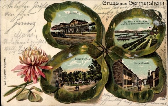 Kleeblatt Litho Germersheim am Rhein, Bahnhof, Gleisseite, Marktstraße, Kriegerdenkmal