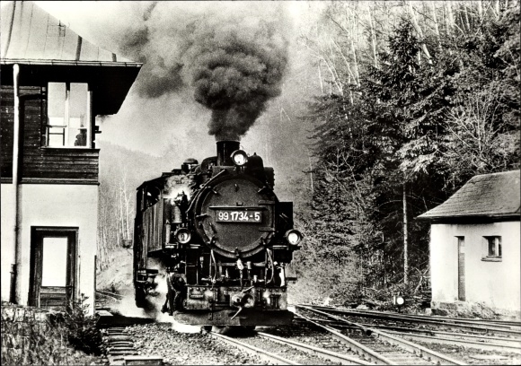 Postcard Kipsdorf Hainsberg Freital in Saxony, narrow-gauge railway at Kipsdorf station, locomotive 99 1734-5