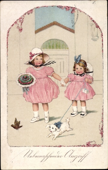 Artist Postcard Döring, Lia, surprise attack, two girls, dog chases bird