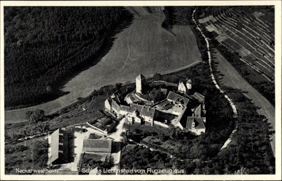 Postcard Neckarwestheim Baden Württemberg, aerial photograph, Liebenstein Castle