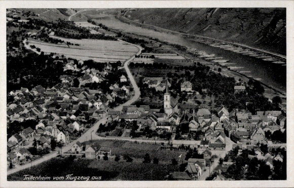 Postcard Trittenheim on the Moselle, aerial view of river landscape, church, settlements