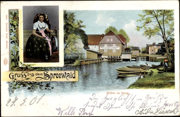 Ak Burg im Spreewald, vrouw in klederdracht, molen