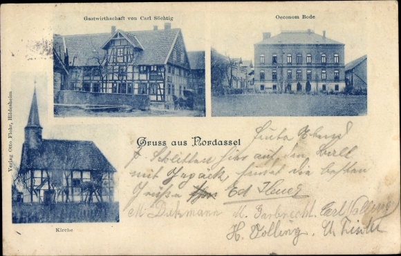 Postcard Nordassel Burgdorf district of Wolfenbüttel, inn v. Carl Addicted, Church, Economist Bode