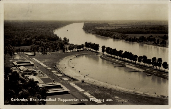 Ak Karlsruhe in Baden, Rheinstrandbad Rappenwört, Fliegeraufnahme