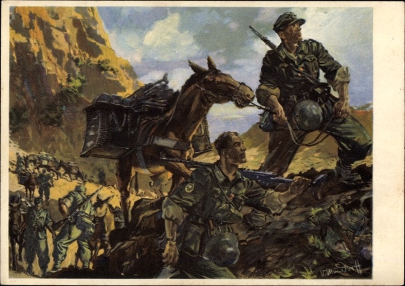 Artist PC Mundorff, V., mountain troops go into position, German Wehrmacht