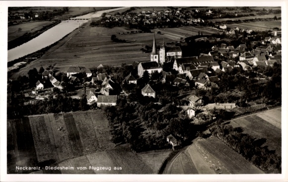 KP Neckarelz Mosbach am Odenwald, widok z lotu ptaka na Diedesheim, kościół, rzeka, pola