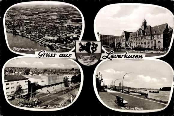 Postcard Leverkusen, town hall, city skyscraper, Bayer department store, Kölner Straße, aerial photograph, coat of arms