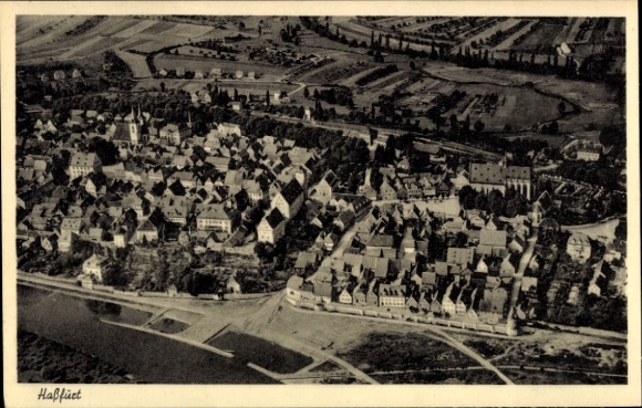 Postcard Haßfurt Lower Franconia Bavaria, aerial photograph, city panorama